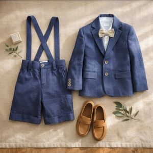 Janie and Jack Special Occasion Linen Blend Suit Set 5 Blazer Shorts Suspenders